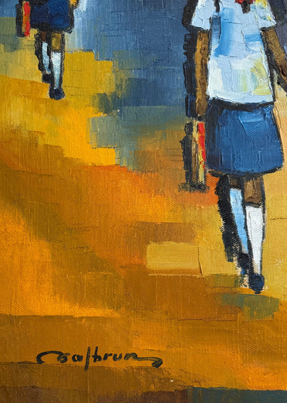Jacques Valbrun (Haitian, 1938-1992) 20"x16" School Day 1971 Acrylic on Canvas Painting #1KE