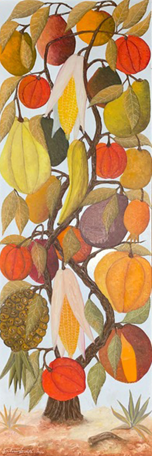 Jasmin Joseph 1966 Haitian oil on board painting showing a tree of abundance with persimmons, pears, corn, banana, pineapple, and plums