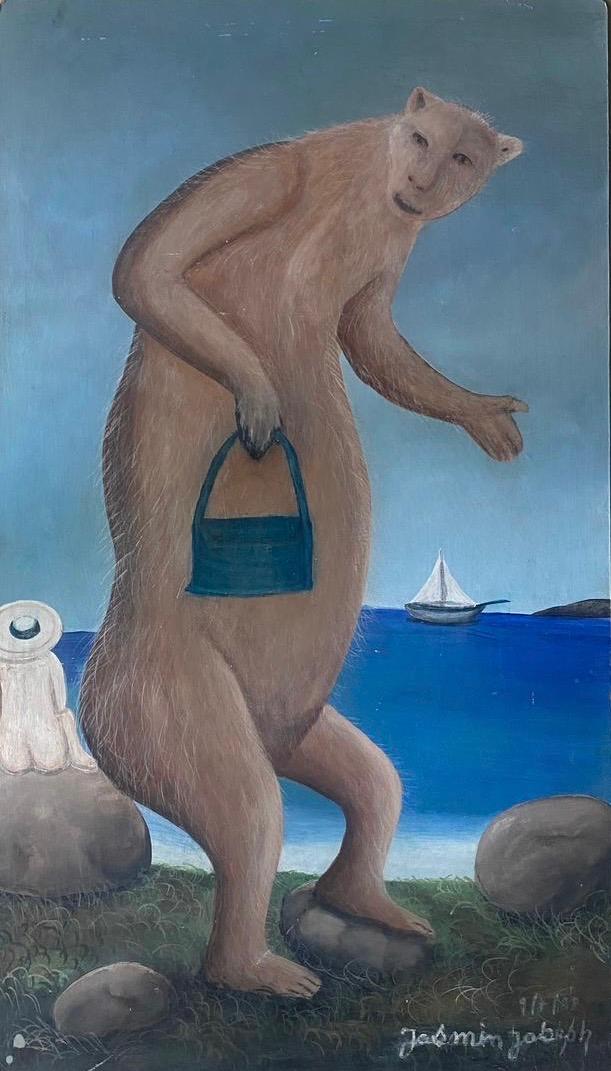 Jasmin Joseph (1923-2005) 25"x14" Monkeys at the Beach 1989 Acrylic on Board Unframed Painting#1JN-HA