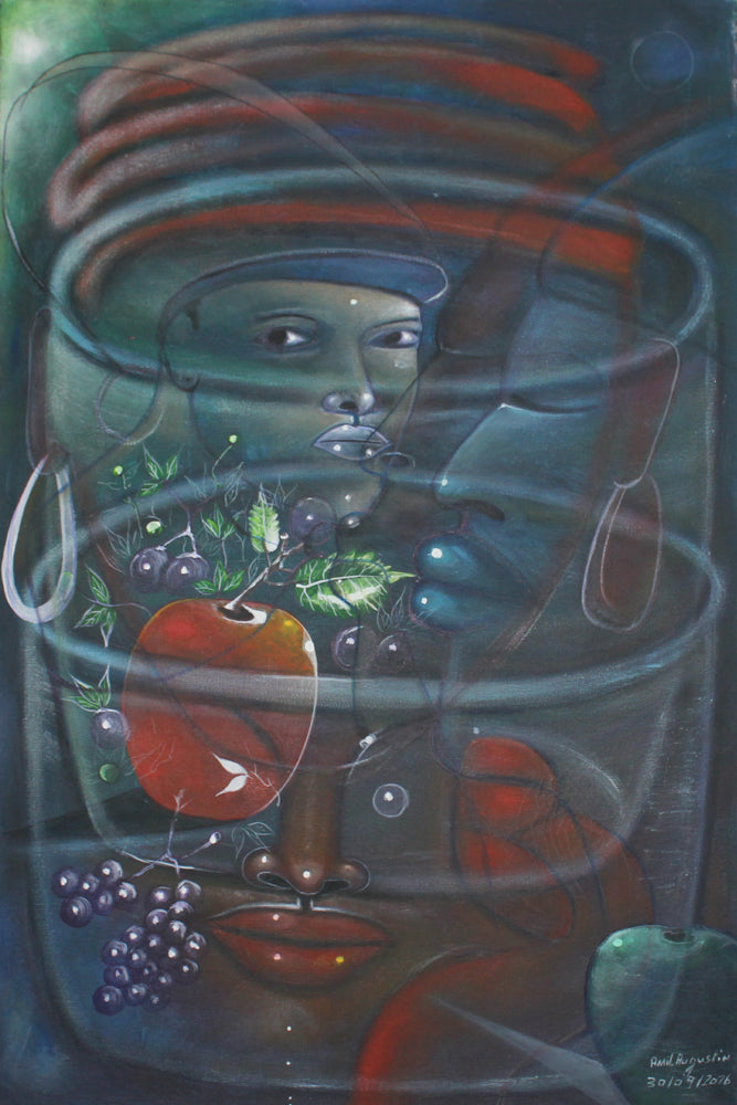 Abstract artwork with a face and nature elements