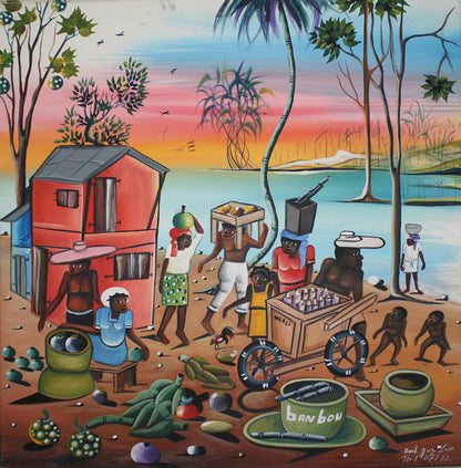 Jean Amil Augustin 22.84"x22.84" Village by the Water 2012 Oil on Canvas Unframed Painting #6CFS