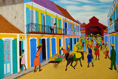 Jean-Baptiste Bottex (1918-1979) 24"x36" Cap-Haitian Streets  Oil on Board Framed Painting #1RS