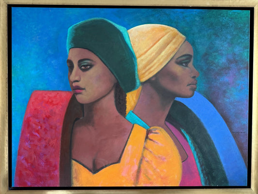 Jean-Claude Legagneur 35" x 47" Two Fabric Sellers  c2000 Acrylic on Canvas Unframed Painting #2CC