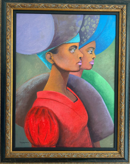 Jean-Claude Legagneur 39" x 30" Two Sellers in Profile c2000 Acrylic on Canvas Unframed Painting #1CC