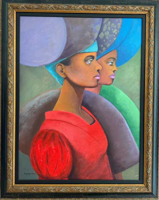 Jean-Claude Legagneur 39" x 30" Two Sellers in Profile c2000 Acrylic on Canvas Unframed Painting #1CC