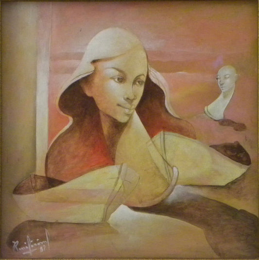 Jean-René Jérôme Dreamlike Woman, original signed and dated 1989 acrylic on canvas depicting a contemplative female figure in a dreamlike coastal landscape. Ships from a private collection in Florida with a Certificate of Authenticity.