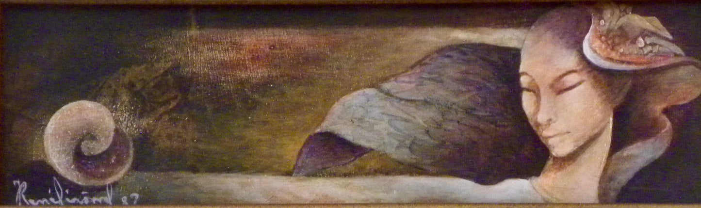Jean-René Jérôme Woman with Nautilus Shell, original signed and dated 1987 acrylic on canvas depicting a serene female figure with a symbolic nautilus shell. Ships from a private collection in Florida with a Certificate of Authenticity.
