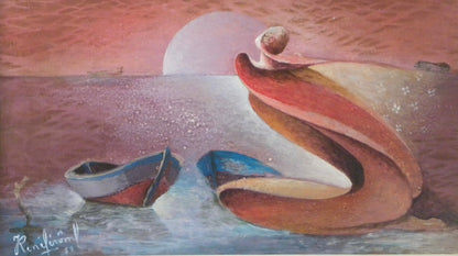 Jean-René Jérôme Lovers by the Sea at Sunset, original signed and dated 1989 acrylic on canvas depicting a romantic coastal scene with fishing boats. Ships from a private collection in Florida with a Certificate of Authenticity.