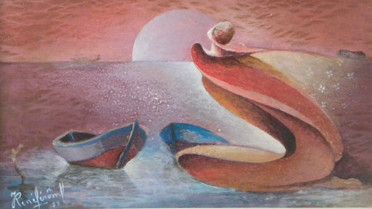 Jean-René Jérôme Lovers by the Sea at Sunset, original signed and dated 1989 acrylic on canvas depicting a romantic coastal scene with fishing boats. Ships from a private collection in Florida with a Certificate of Authenticity.