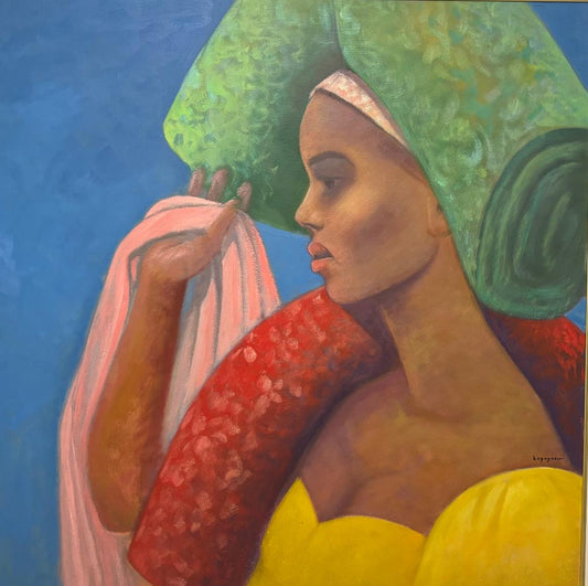 Jean-Claude Legagneur 40"x40" Young Fabric Seller c2000 Acrylic on Canvas Unframed Painting #1HL