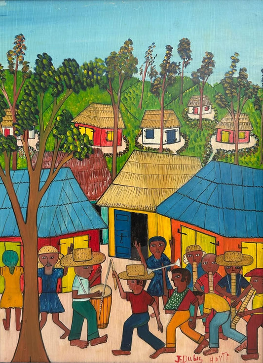 Jean Dubic Haitian art village procession folk art painting with musicians, dancers, colorful houses, and trees