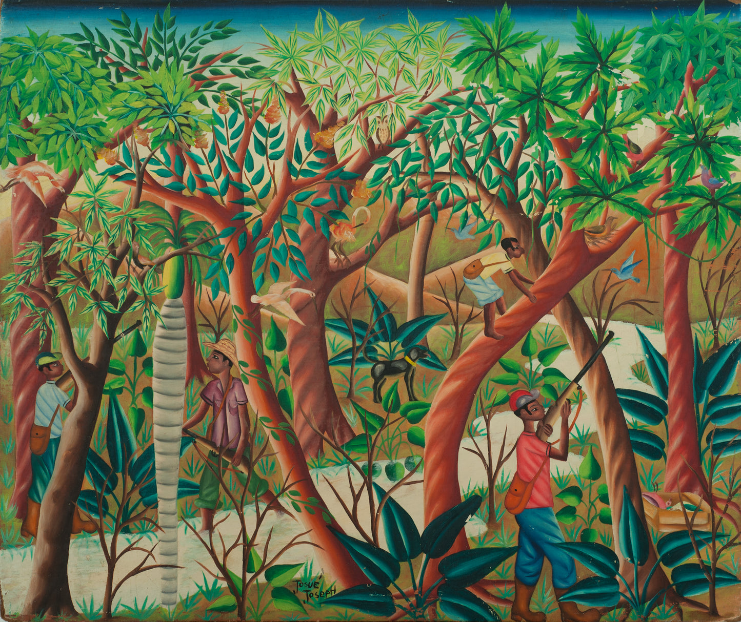 Josue Joseph 20"x24" The Hunt 1977 Oil on Board Painting- Collection Family Georges S. Nader