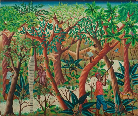 Josue Joseph 20"x24" The Hunt 1977 Oil on Board Painting- Collection Family Georges S. Nader