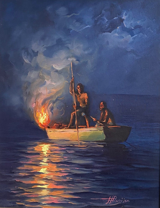 Juan Plutarco Andújar Night Fishermen oil on canvas panel depicting two fishermen in a small boat illuminated by firelight on calm blue Caribbean waters at night. 