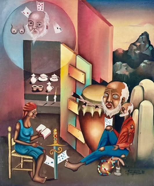 Julio Jean 24"x20" The Card Reader 1980 Oil on Canvas Painting #2MFN