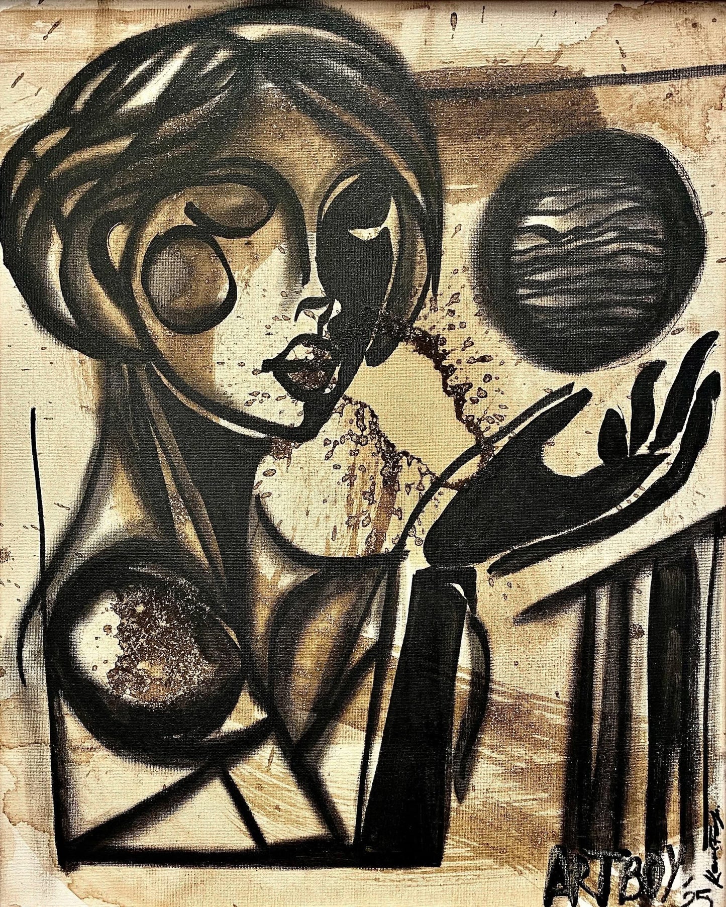 Ken Forbes (American) 20"x16" Holding On 2025 Coffee, Cacao and Acrylic on Canvas Unframed Painting #6KF