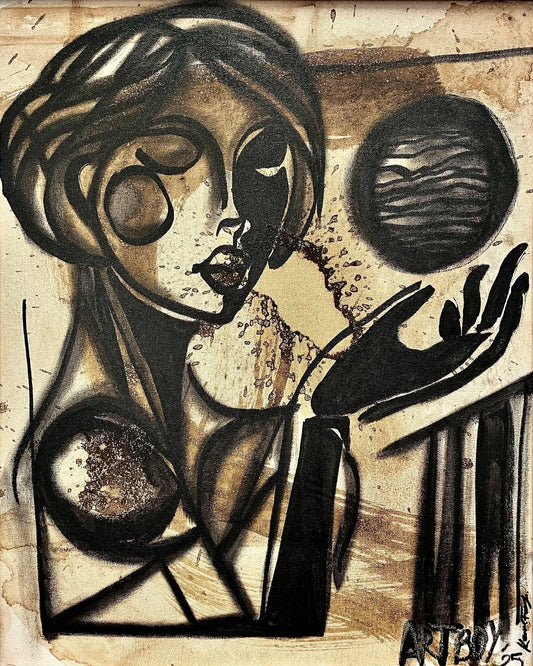 Ken Forbes (American) 20"x16" Holding On 2025 Coffee, Cacao and Acrylic on Canvas Unframed Painting #6KF