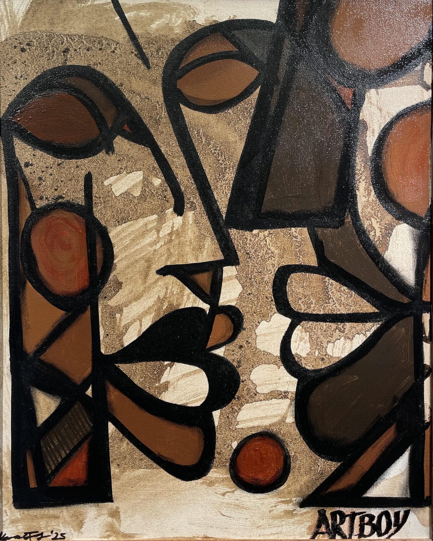 Ken Forbes (American) 20"x16" Kiss 2025 Coffee, Cacao and Acrylic on Canvas Unframed Painting #4KF