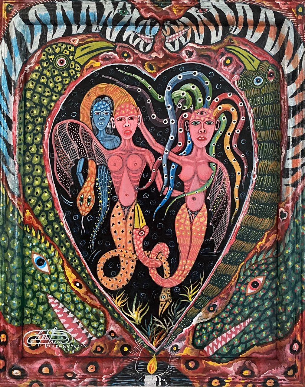 Frantz Zéphirin Vodou painting The Odyssey of the Erzulies depicting Erzulie spirits, serpents, and symbolic figures in a heart-shaped composition with painted frame