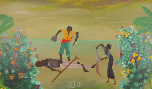Lafortune Felix (Haitian, 1933-2016) 17"x29.5" The Robbery 1985 Acrylic on Masonite Painting-Unframed #1TP