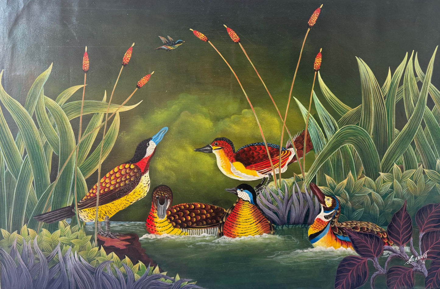 Lamarre Sanon 1994 acrylic painting of colorful tropical water birds in a lush wetland landscape, Haitian art on canvas, 24 x 36 inches
