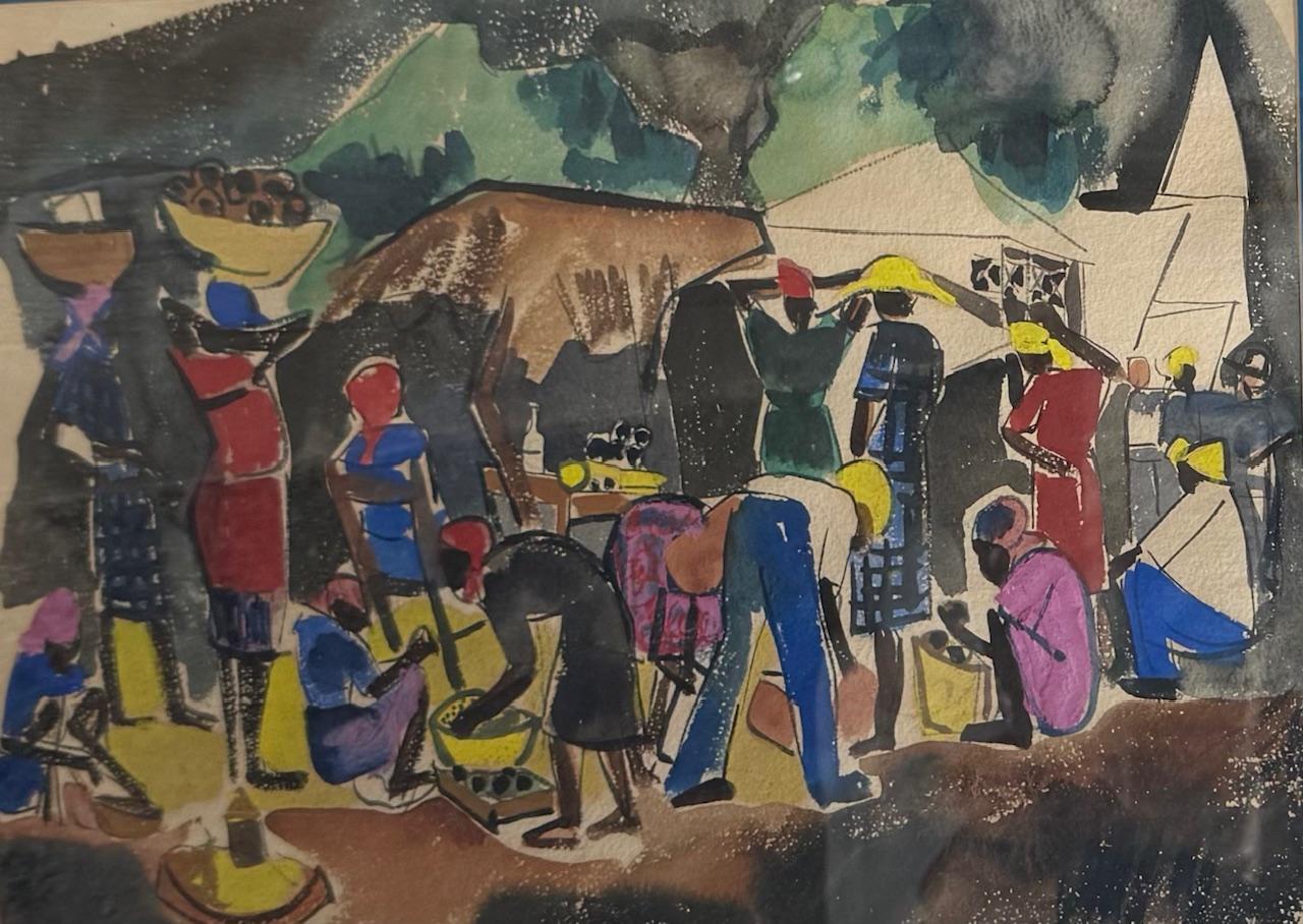 Colorful watercolor of a market scene with people