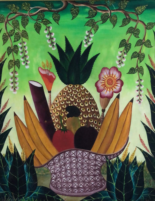 Adam Leontus (Haitian, 1926-1986) 24"x20" Still Life with Fruit & Flowers c1960 Oil on Board Unframed Painting#1YN