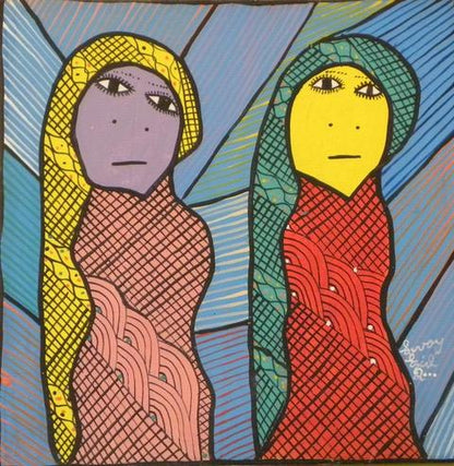 Levoy Exil Sacred Twins, original signed and dated 2000 acrylic on canvas depicting two stylized female figures in the Saint Soleil tradition. Ships from a private collection in Florida with a Certificate of Authenticity.