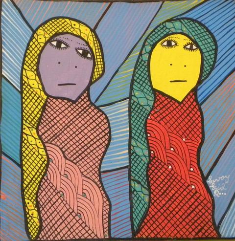 Levoy Exil Sacred Twins, original signed and dated 2000 acrylic on canvas depicting two stylized female figures in the Saint Soleil tradition. Ships from a private collection in Florida with a Certificate of Authenticity.