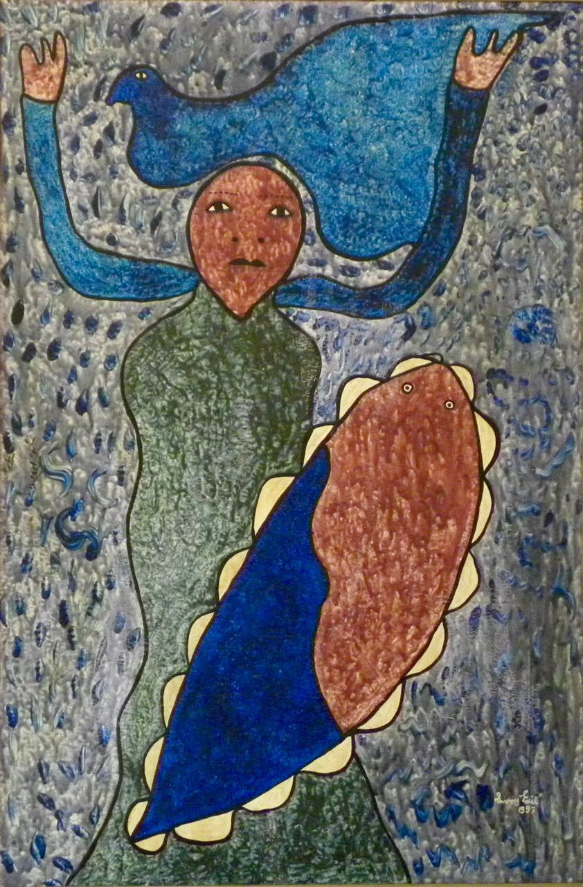 Levoy Exil Bird Spirit Guardian, original signed and dated 1999 acrylic on canvas depicting a symbolic female figure crowned by a blue bird in the Saint Soleil tradition. Ships from a private collection in Florida with a Certificate of Authenticity.