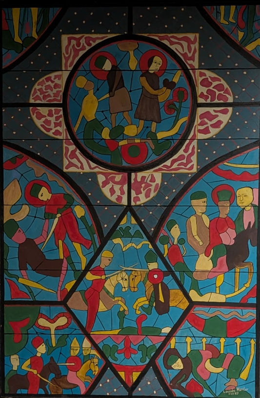 Louines Mentor 1967 oil painting "Stations of Faith" designed as a cathedral window with multiple narrative panels of Haitian village and religious scenes
