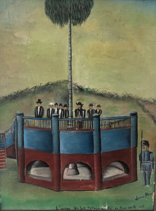 Louis Vassor L’Autel de la Patrie Port-de-Paix 1939 Haitian oil on canvas painting with monument, figures, and palm tree, signed and dated.