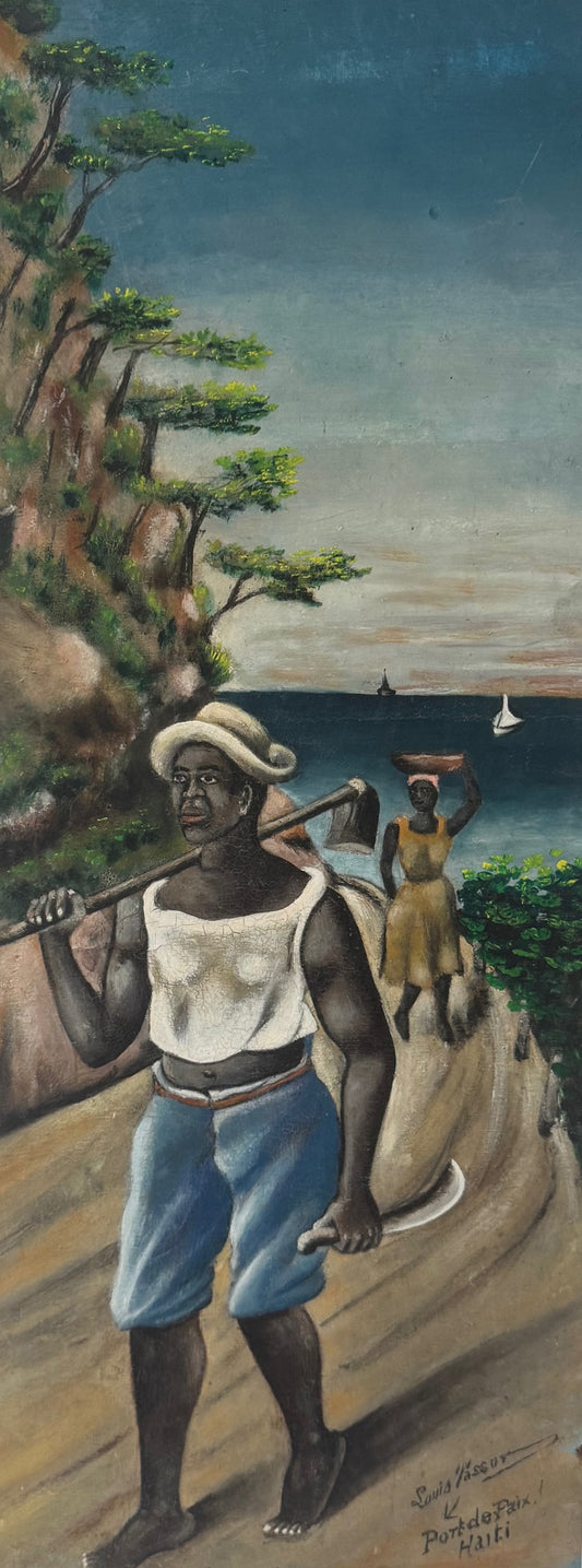 19th century Haitian oil on masonite painting by Louis Vassor inscribed “Joseph” and “Port-de-Paix, Haiti,” depicting coastal figures and sailboats.