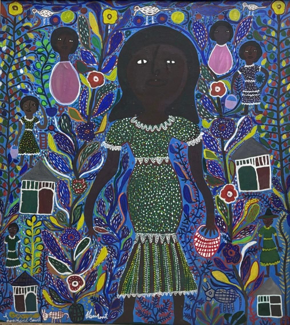 Louisane Saint Fleurant (Haitian, 1924-2005) 40"x36" Lady in Green c1980 Acrylic on Canvas Unframed Painting #9GN-HA