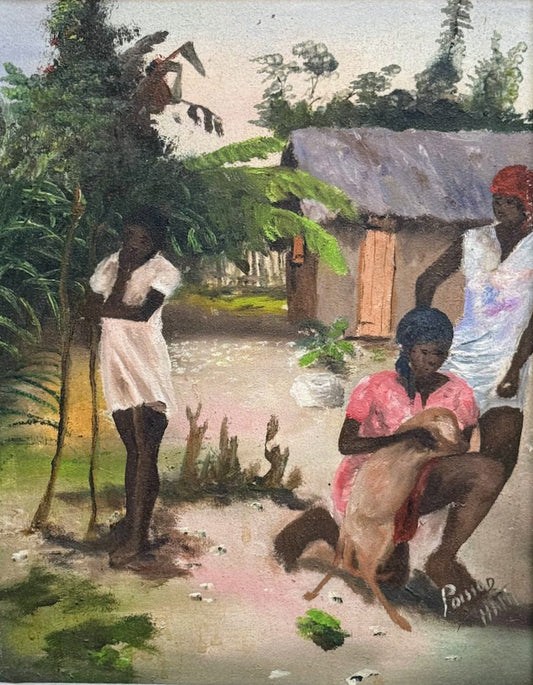Louverture Poisson 1960 Haitian oil on canvas painting showing a rural village scene with a woman holding a goat, a man gathering fruit, and a thatched roof house