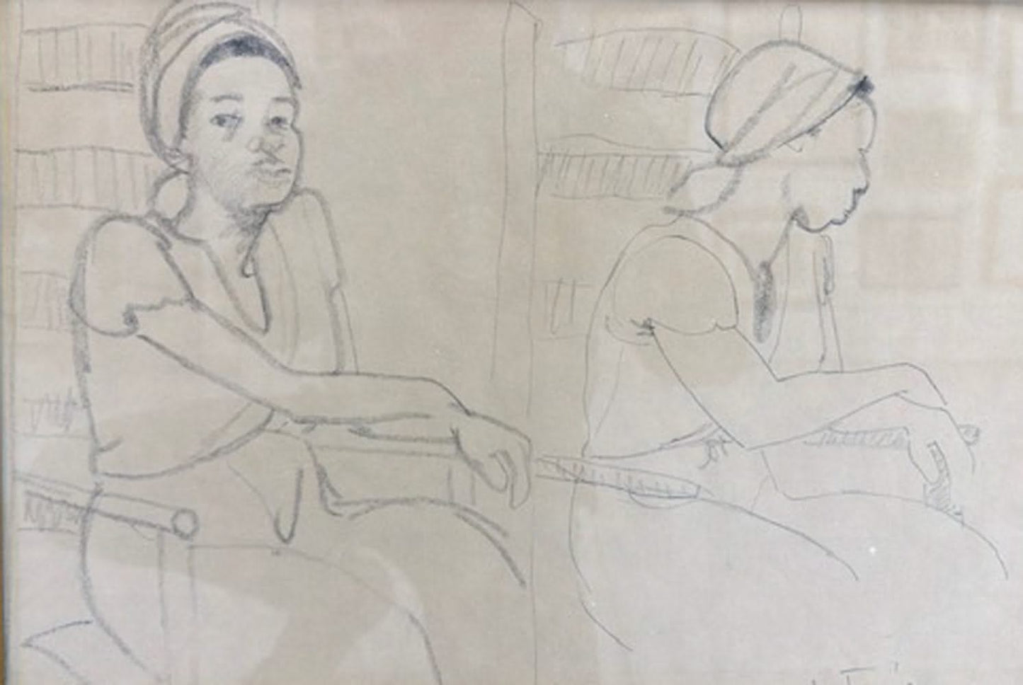 Luce Turnier 11"x16" Two Ladies 1980 Charcoal + Crayon on Paper Unframed #1GN-HA