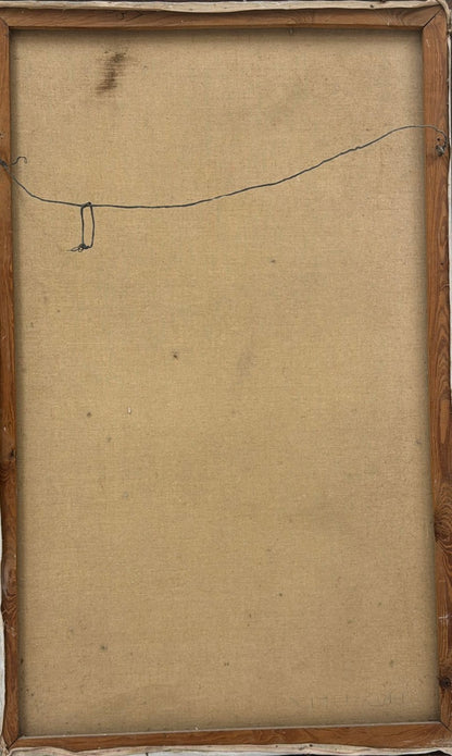 Back of a framed artwork with a wooden frame and visible wire.