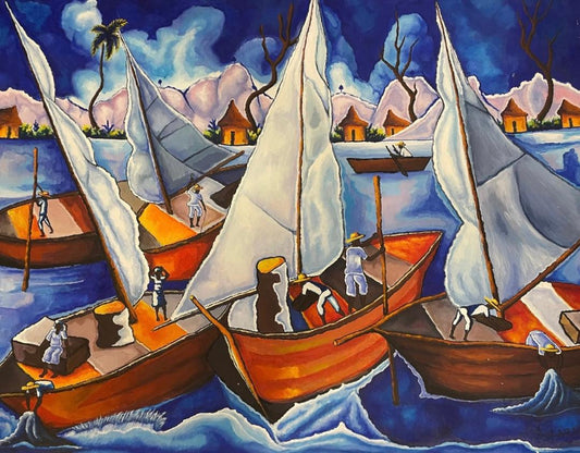 Luckner Lazard Harbor Scene original Haitian acrylic on canvas depicting fishing boats with white sails in a coastal harbor, 28 × 38 inches.
