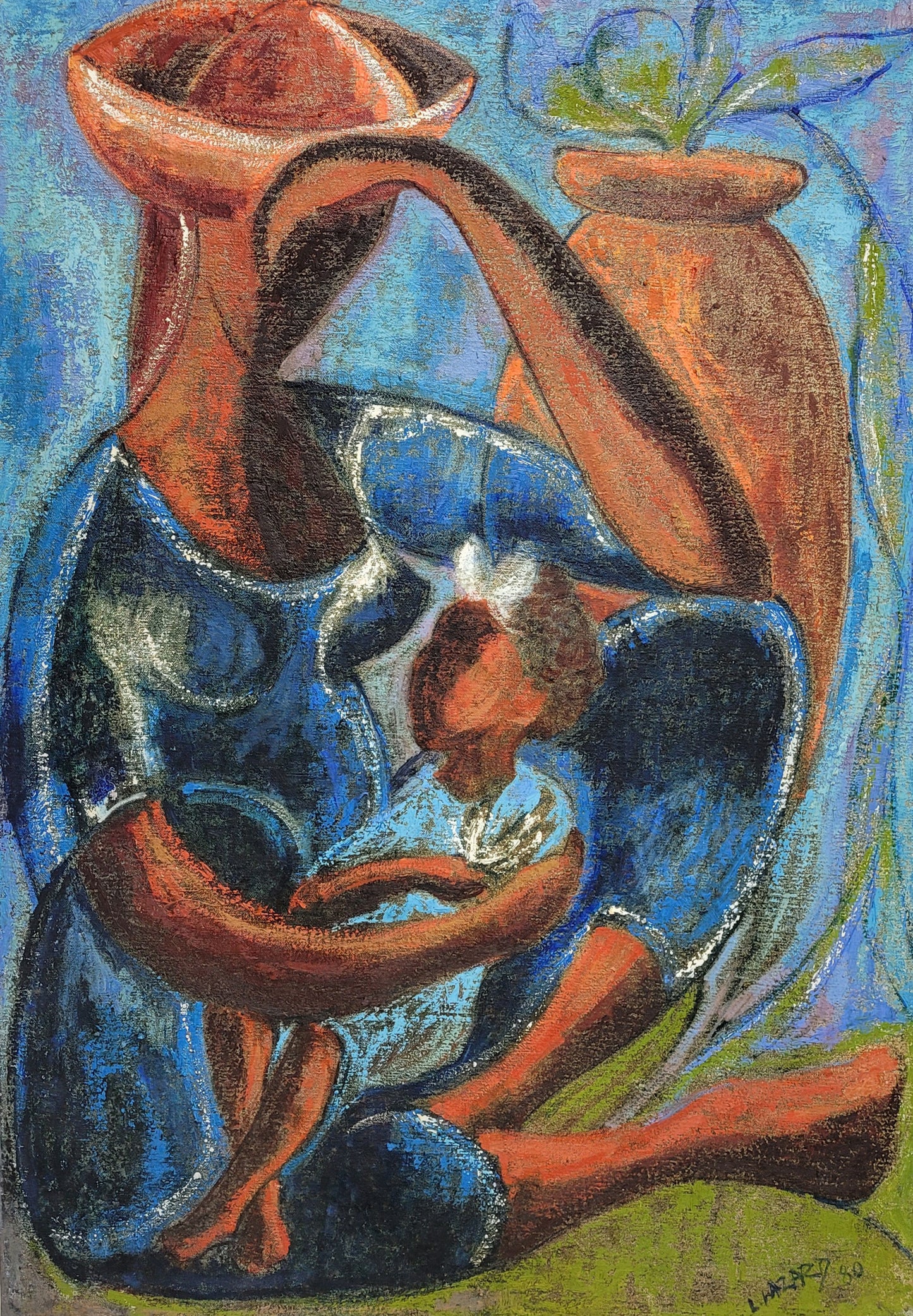 Artistic depiction of a child sitting between two large clay pots with a blue background.