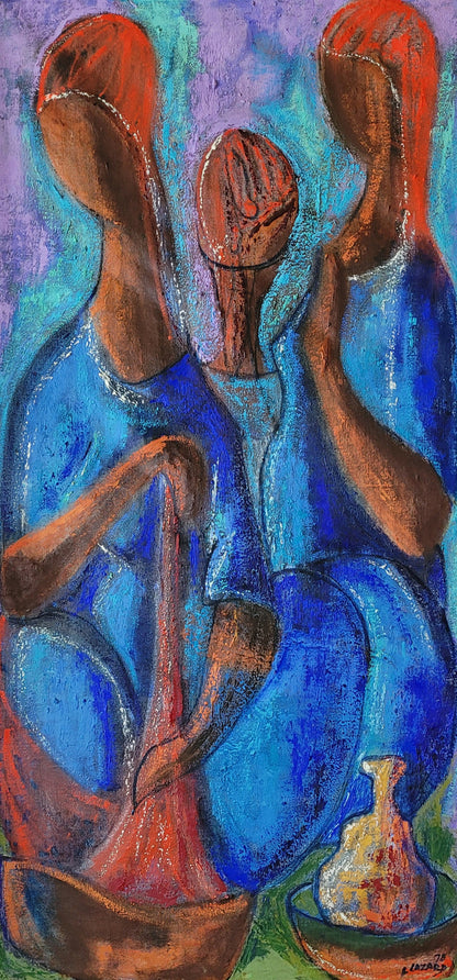 Abstract artwork of three figures in blue and brown with a purple background