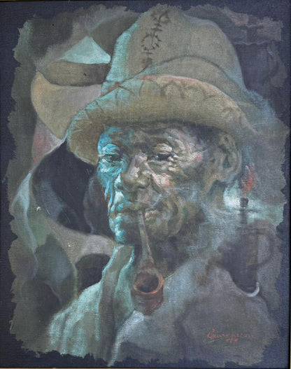 Artistic depiction of a man with a pipe, wearing a hat, against a dark background.