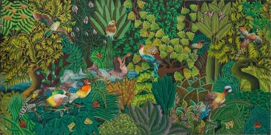 A colorful jungle scene artwork filled with dense green foliage, tropical plants, and numerous birds in bright yellow, blue, orange, red, and brown tones by Renold Marcelin.