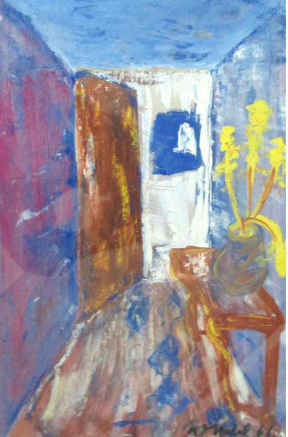 Marie José Nadal watercolor on paper depicting a blue-toned interior with an open doorway, wooden chair, and vase of yellow flowers in a contemplative domestic setting.