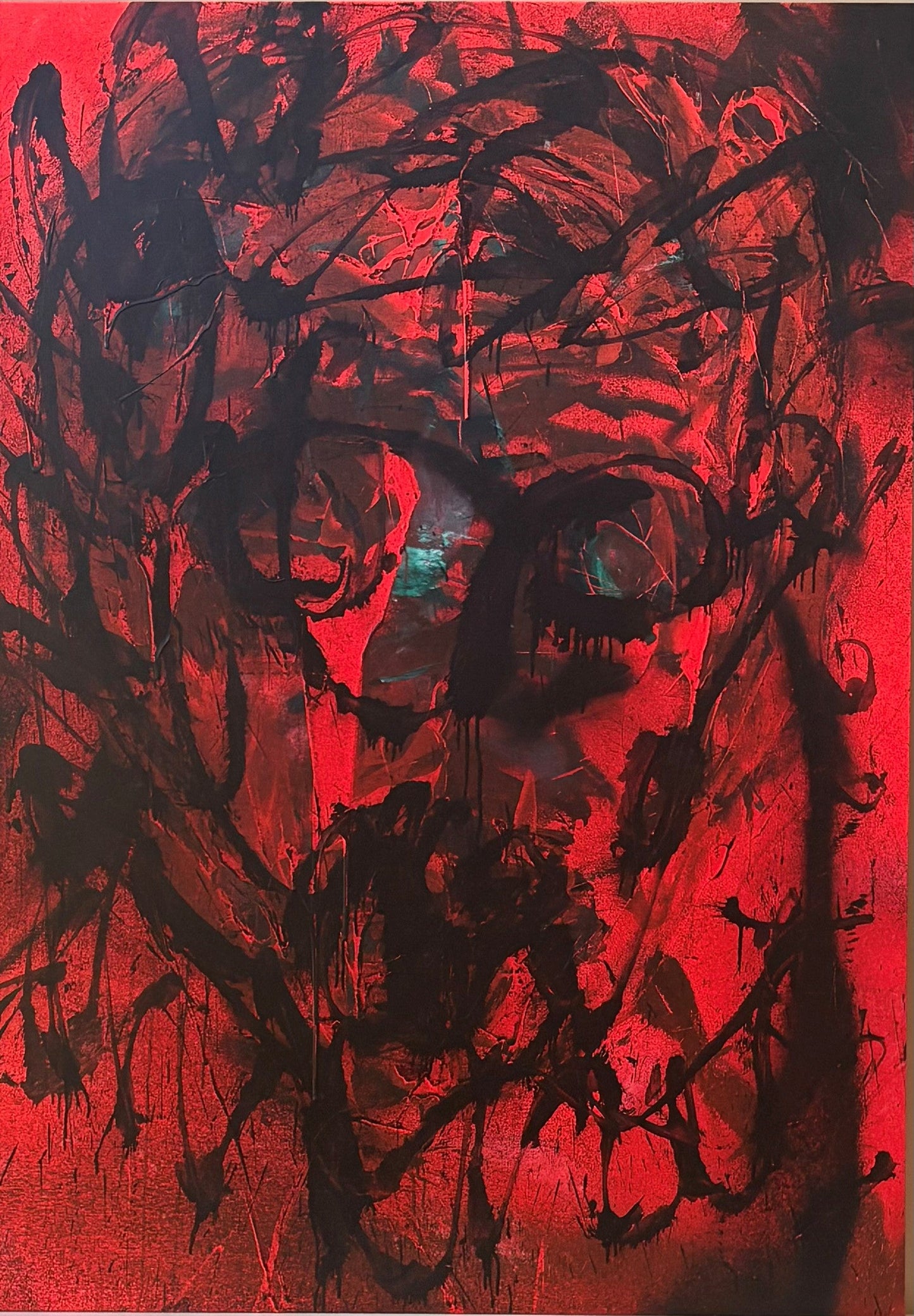 Mario Benjamin 2017 large abstract expressionist portrait in red and black, 68x48 acrylic on canvas, signed and dated on verso.