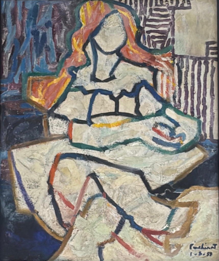 Max Pinchinat Femme Assise 1959 oil on board painting of a seated woman in Haitian modernist style