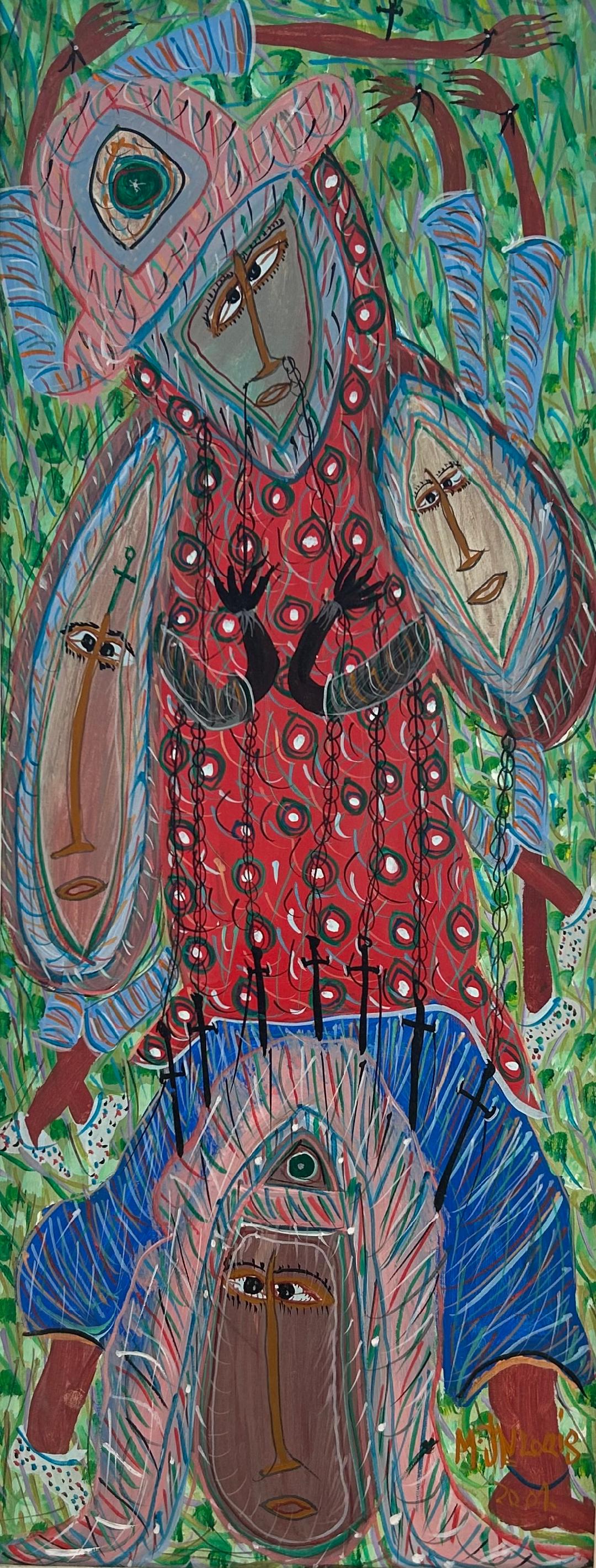 Maxan Jean Louis blue male spirit Haitian naïve Vodou acrylic painting on canvas 30x12 inches, signed lower left