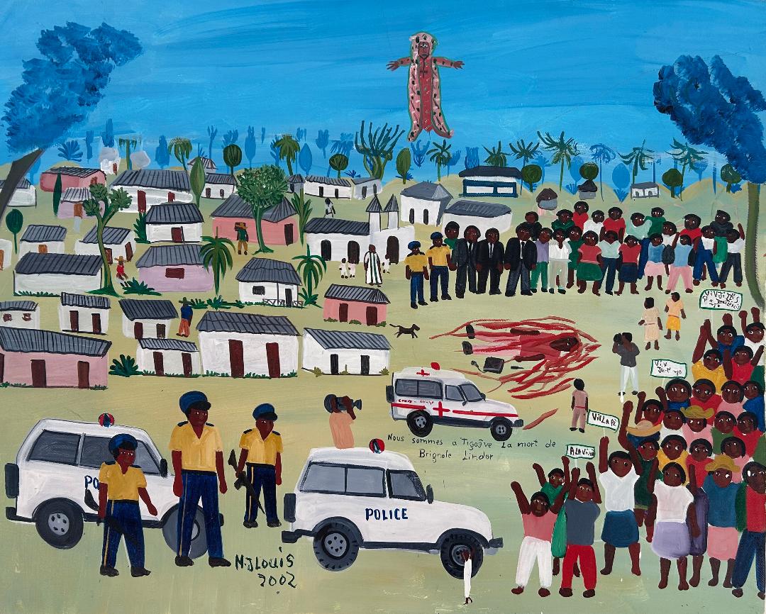 Maxan Jean Louis Nous Sommes A Ti Goave LaMort de Brignol Lindor Haitian naïve Vodou acrylic painting 24x30 inches depicting a murder investigation, signed and dated.