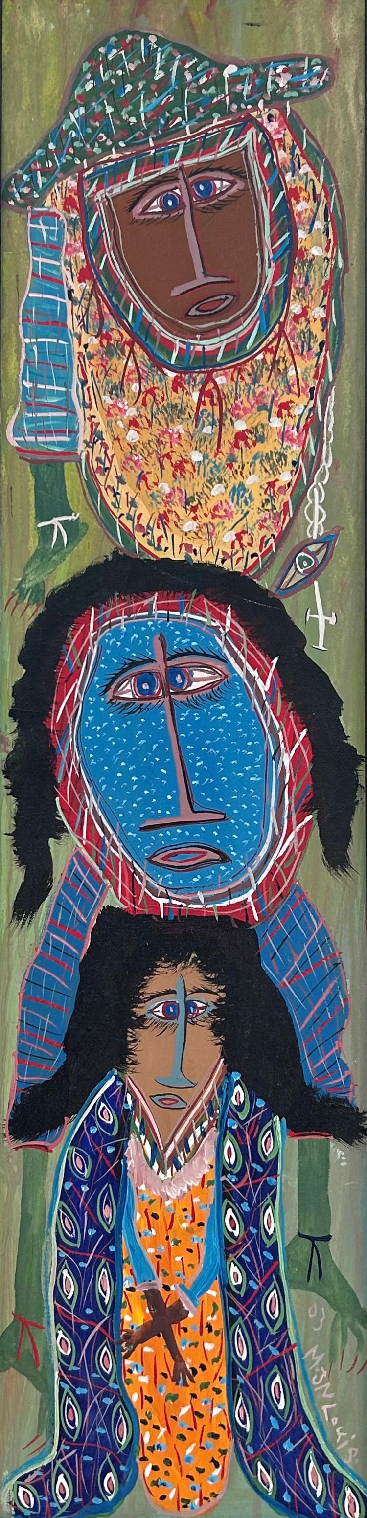 Maxan Jean Louis abstract Vodou painting acrylic on canvas 40x10 inches, Haitian naïve art with symbolic forms, signed and dated