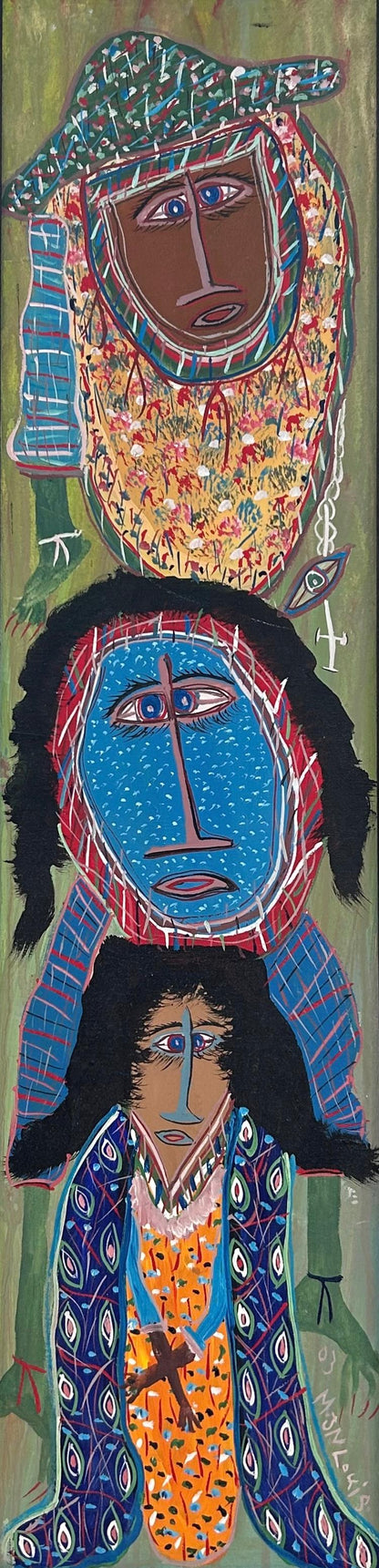 Maxan Jean Louis abstract Vodou painting acrylic on canvas 40x10 inches, Haitian naïve art with symbolic forms, signed and dated