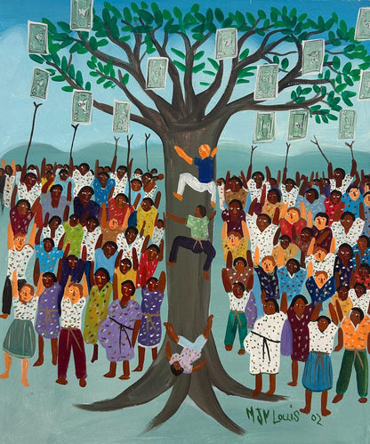 Maxan Jean Louis Money Tree Haitian naïve Vodou painting acrylic on canvas 20x24 inches with figures climbing a money tree, signed and dated.